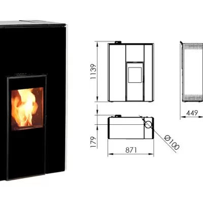 Salamandra a pellets preta com porta de vidro e esquemas técnicos de dimensões.