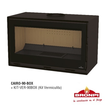 Lareira CAIRO-90-BOX em metal preto com vidro frontal e interior em vermiculita, logótipo BRONPI