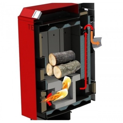 Caldeira vermelha para lenha em corte transversal com lenha e fogo visível