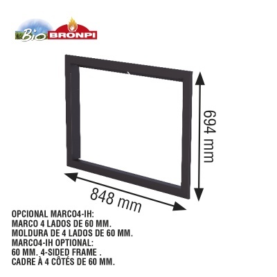 Moldura preta de 848x694 mm com texto descritivo das opções de moldura.