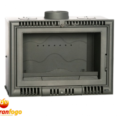 Recuperador de calor metálico cinza com porta de vidro e logotipo abranfogo