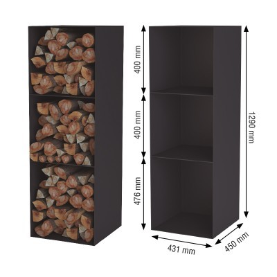 Móvel preto vertical com três compartimentos, medidas indicadas, com toros de madeira em um lado.