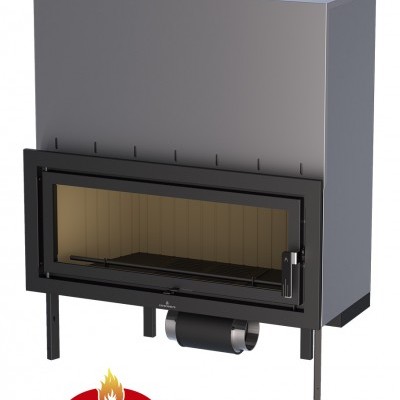 Lareira de parede de metal com porta de vidro preto e logo BRONPI vermelho