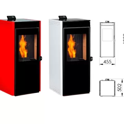 Três lareiras de piso em preto, vermelho e branco com portas de vidro e medidas técnicas ao lado