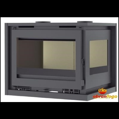 Lareira metálica cinza escuro com vidro frontal e laterais