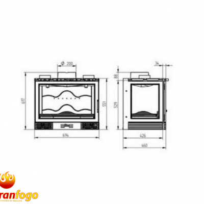 Desenho técnico de lareira preta com vidro frontal e logo Abranfogo