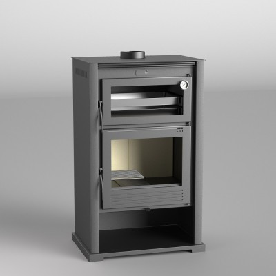 Fogão a lenha cinzento com duas portas de vidro e termómetro circular