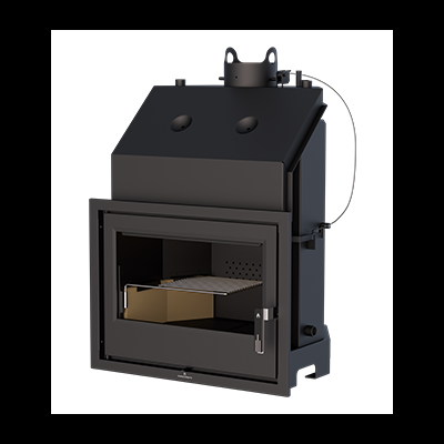 Lareira preta com porta de vidro e maçaneta metálica