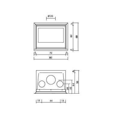 Desenho técnico com dimensões de uma estrutura retangular e círculos no interior
