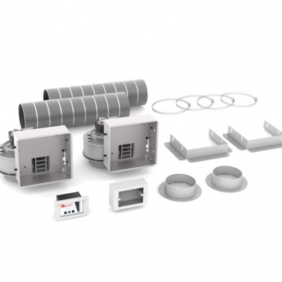 Componentes de sistema de ventilação em várias peças cinzentas e brancas organizadas