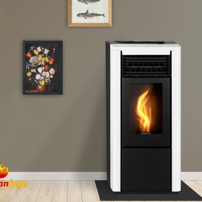 Aparelho de aquecimento a lenha branco e preto com chama visível, quadro floral e quadro de peixes numa parede cinzenta