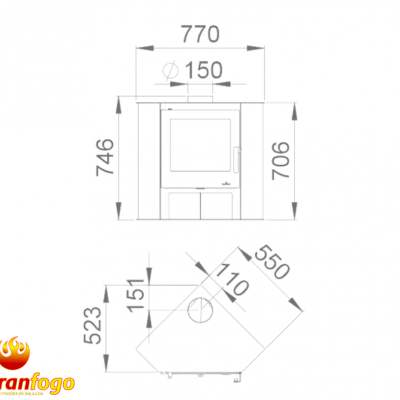 Desenho técnico em preto e branco de um fogão a lenha com medidas em milímetros