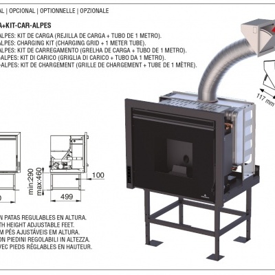 Fogão a lenha metálico preto com tubo de exaustão curvado e suporte ajustável em estrutura metálica cinza.