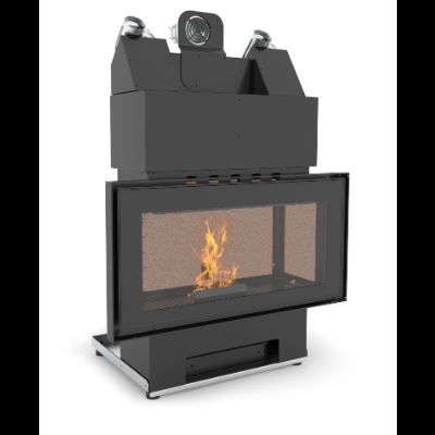 Lareira moderna de metal preto com vidro frontal e chamas visíveis