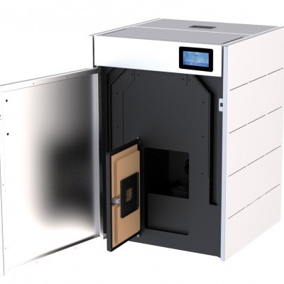 Caldeira branca com portas abertas e ecrã digital azul