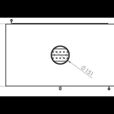 Desenho técnico de painel retangular com círculo central e medidas
