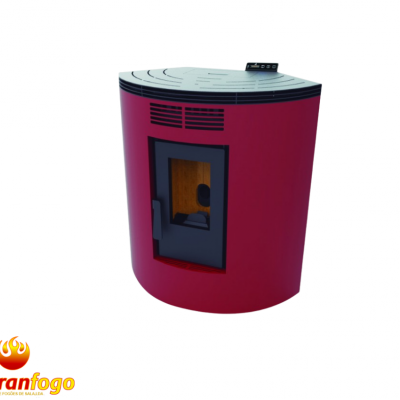 Fogão a pellets vermelho com porta preta e topo cinzento