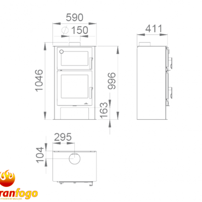 Desenho técnico de um fogão com medidas em milímetros e logótipo abranfogo