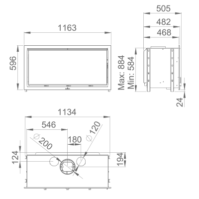 Desenho técnico de uma lareira retangular com dimensões.