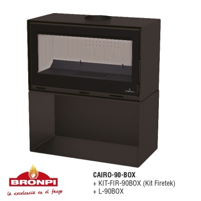 Lareira preta de metal Bronpi Cairo-90-Box com porta de vidro