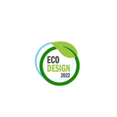 Logótipo ECO DESIGN 2022 com folha verde e círculo azul claro