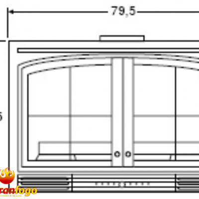 Desenho técnico de lareira com portas de vidro e dimensões em cm