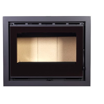 Lareira embutida com porta de vidro preto e interior bege