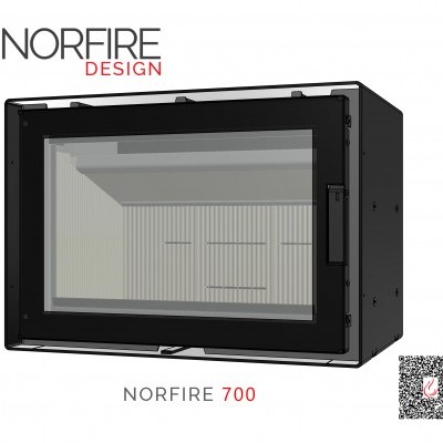 Lareira NORFIRE 700 em metal preto e vidro transparente com interior cinza claro texturizado