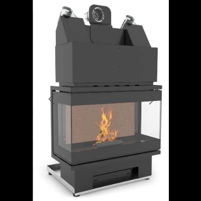 Lareira metálica preta com fogo interior em fundo branco