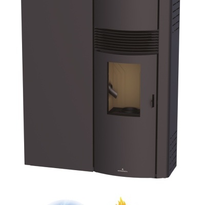 Lareira preta de metal com porta de vidro e logótipo Bio Bronpi