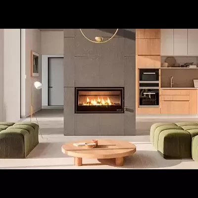 Sala de estar moderna com sofás verdes, lareira e cozinha