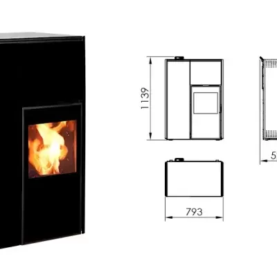Salamandra preta com chamas visíveis e esquemas técnicos com medidas