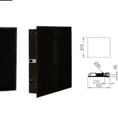 lareira embutida em painéis pretos com chamas visíveis e desenhos técnicos