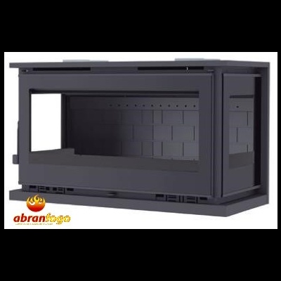 Lareira preta para inserção, vidro transparente, interior imitação tijolos