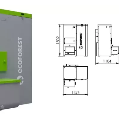 Caldeira Ecoforest cinza e verde com desenho técnico e medidas