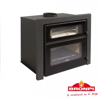 Fogão de madeira preto com duas portas de vidro e logotipo Bronpi