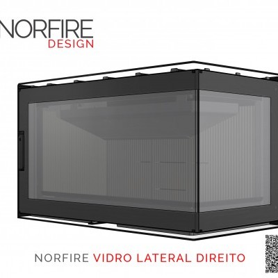 Vidro lateral direito para lareira Norfire Design com painel de vidro e estrutura preta