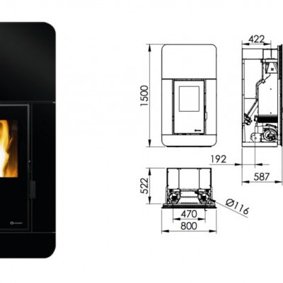 Fogão a lenha preto com porta de vidro mostrando fogo e desenhos técnicos com medidas