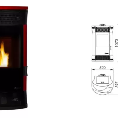 Lareira a pellets vermelha e preta com painel de vidro e desenhos técnicos