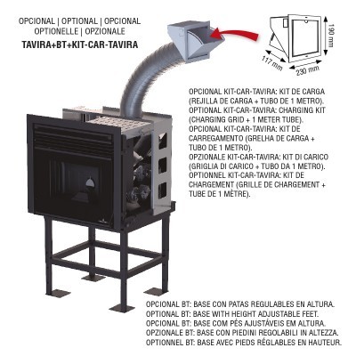 Fogão a lenha preto com estrutura metálica e tubo flexível e kit de carga opcional