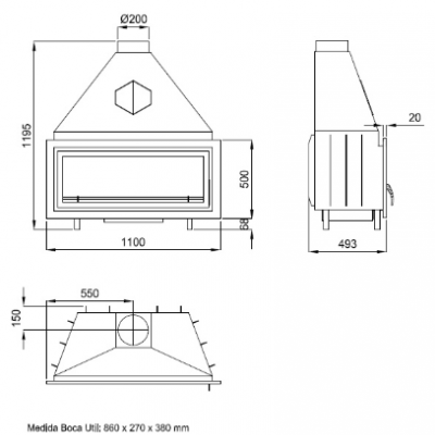 Desenho técnico de lareira com medidas detalhadas em preto e branco