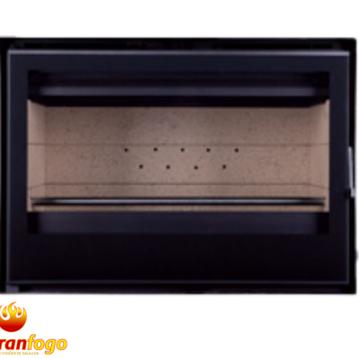 Lareira de embutir preta com vidro frontal e interior em pedra clara