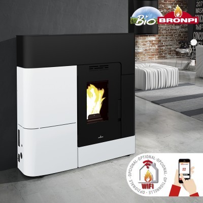 Estufa branca e preta com chama, em ambiente moderno, com logótipos Bio BRONPI e selo WiFi