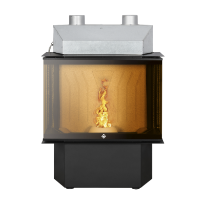 Lareira ecológica preta com vidro frontal e topo metálico prateado com duas saídas