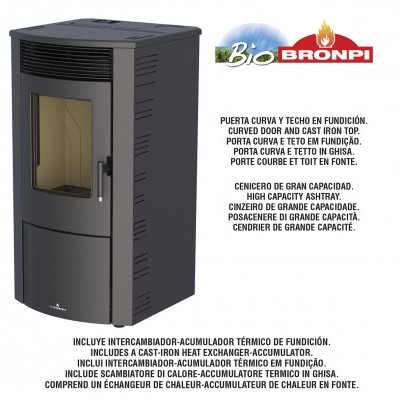 Estufa de pellets Bronpi preta e cinzenta com porta curva e vidro