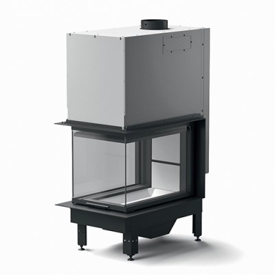 Lareira embutida moderna cinzenta com vidro transparente e saída de fumo preta