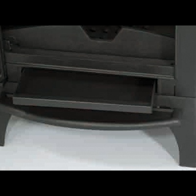 Parte inferior de uma impressora preta com gaveta aberta para recolha do papel