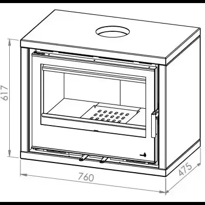 Desenho técnico de lareira retangular com porta de vidro e medidas indicadas