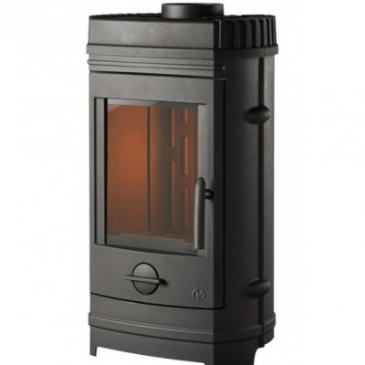 Lareira a lenha em ferro fundido preta com porta de vidro