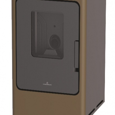 Salamandra castanha com porta de vidro preta e painel de controlo, logótipo BRONPI e Bio